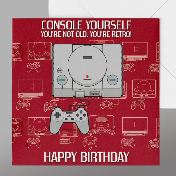 Funny Red Background Gamers Birthday Card, Gaming Birthday Card, Set with 7 Iconic Gaming Consoles  all Gamers will smile as they recognise