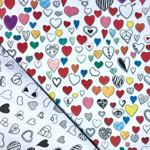 May include: White wrapping paper with a repeating pattern of colorful hearts. The hearts are drawn in different styles, including some with words like "love" and "heart".