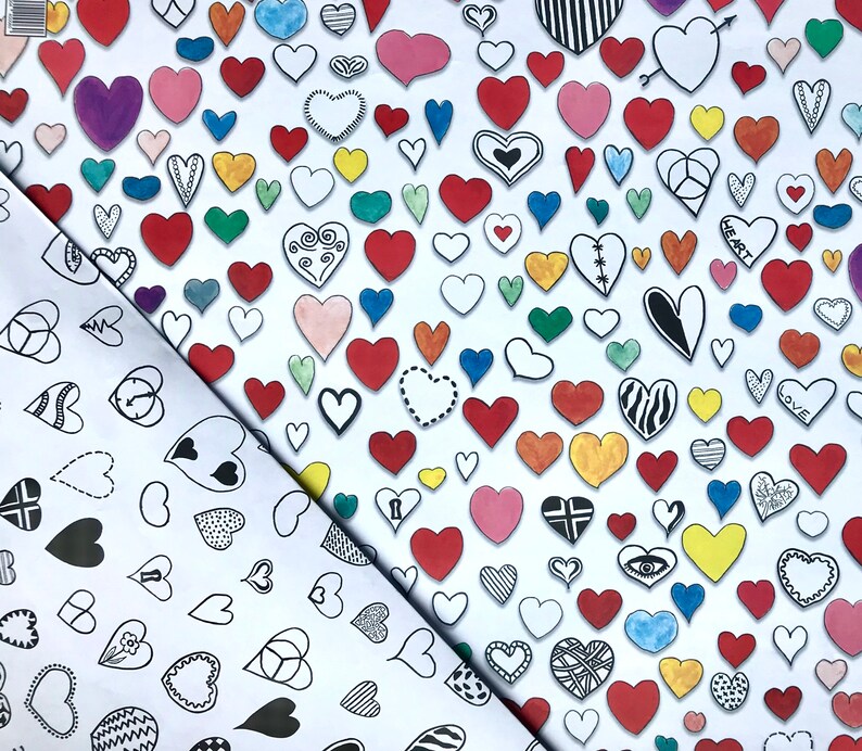 May include: White wrapping paper with a repeating pattern of colorful hearts. The hearts are drawn in different styles, including some with words like "love" and "heart".