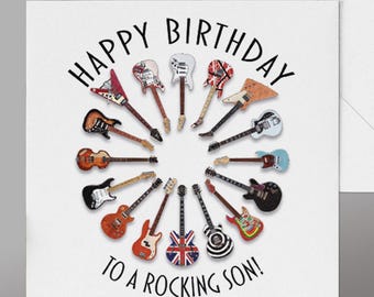 Happy Birthday Son Guitar Card. Son guitar card. All Hand Painted Recognisable Famous Guitars