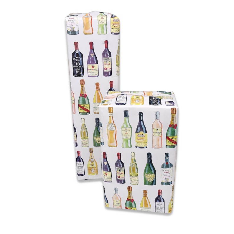 May include: Two gift wrap designs featuring a repeating pattern of colorful wine bottles on a white background.