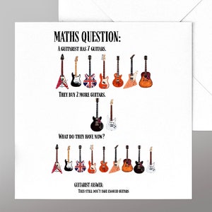 Funny and Relatable Guitar Card. Perfect for any Guitar Lover on their Birthday or Any Occasion, Glossary, Guitars Models & Owners on Rear