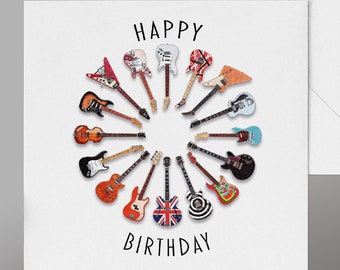 Happy Birthday Guitar Card. Perfect for any Guitar Lover on their Birthday, All Hand Painted Famous Guitars, Models & Owners on Rear of Card