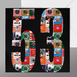 May include: A black and white birthday card featuring the number 53 created from colourful vintage record album covers. The card has a black background and the number 53 is made from the album covers.