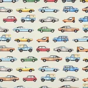 May include: A seamless pattern featuring a variety of vintage cars in different colors, including red, blue, green, yellow, and brown. The cars are all drawn in a cartoon style and are set against a light beige background.