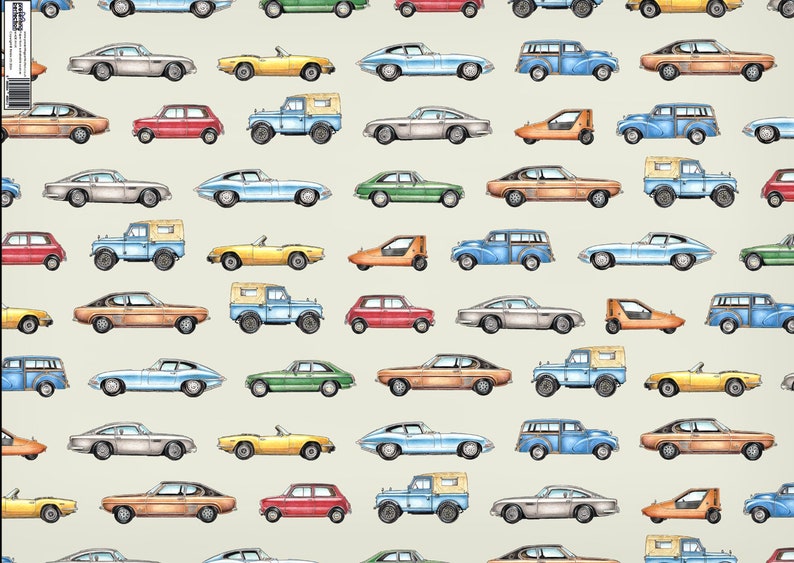 May include: A seamless pattern featuring a variety of vintage cars in different colors, including red, blue, green, yellow, and brown. The cars are all drawn in a cartoon style and are set against a light beige background.