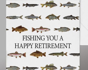 Amusing Retirement Fishing Card. Watercolour Card with 11 Watercolour Fish . Great Fishing Retirement Card for keen Angler.