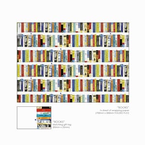 May include: A sheet of wrapping paper with a colourful pattern of books on a white background. The paper is 700mm x 500mm when folded flat. A matching gift tag is also included, measuring 85mm x 55mm.