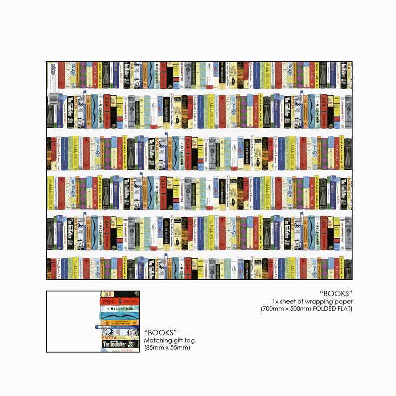 May include: A sheet of wrapping paper with a colourful pattern of books on a white background. The paper is 700mm x 500mm when folded flat. A matching gift tag is also included, measuring 85mm x 55mm.