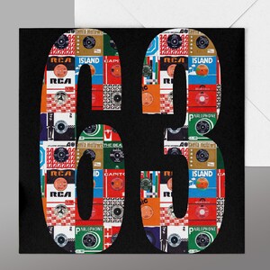 May include: A black and white image of the numbers 63 made up of vintage record album covers. The album covers feature a variety of colors, including red, blue, green, yellow, and orange. The album covers are arranged in a random pattern, creating a unique and eye-catching design.