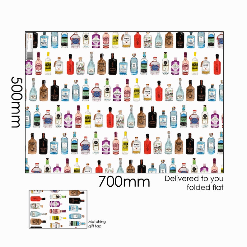 Pu&ograve; includere: Carta da regalo bianca con un motivo ripetuto di bottiglie di gin colorate. La carta misura 700 mm per 500 mm e viene fornita piegata. &Egrave; inclusa un'etichetta regalo abbinata.