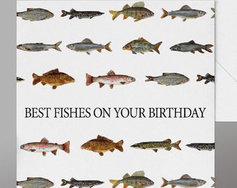 Carte de pêche d’anniversaire amusante. Carte aquarelle avec 11 poissons aquarelle. Excellente carte d'anniversaire de pêche pour les pêcheurs passionnés. Voir l'emballage assorti