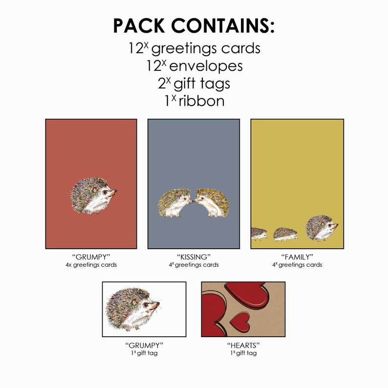 K&ouml;nnte beinhalten: Ein Set mit 12 Gru&szlig;karten mit Igel-Illustrationen. Die Karten gibt es in drei Designs: "Grumpy", "Kissing" und "Family". Das Set enth&auml;lt au&szlig;erdem 12 Umschl&auml;ge, 2 Geschenkanh&auml;nger und 1 Band.