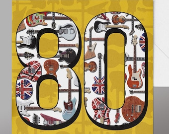 80th Birthday Guitarist Card. Retro Guitars Birthday 80th guitars, .Guitar Card 80,  1946