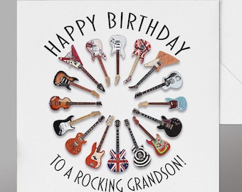 Happy Birthday Grandson Guitar Card. Grandsons guitarist card. All Hand Painted Recognisable Famous Guitars