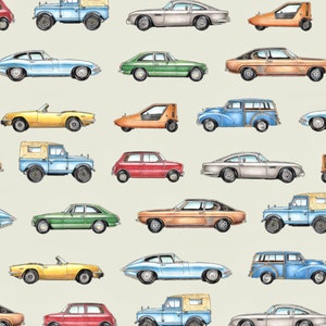 May include: A collection of vintage cars in various colors, including red, blue, green, yellow, and brown. The cars are all different makes and models, and they are arranged in a grid pattern.