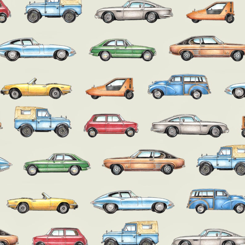 May include: A collection of vintage cars in various colors, including red, blue, green, yellow, and brown. The cars are all different makes and models, and they are arranged in a grid pattern.
