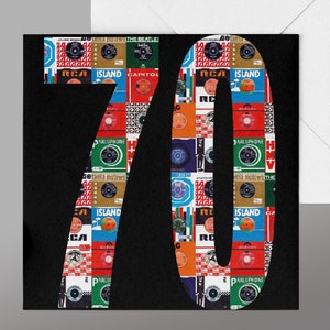 May include: A black and white image of the number 70, made up of a collage of vintage record album covers. The album covers feature a variety of artists and labels, including The Beatles, RCA, Island, Capitol, and Tamla Motown.