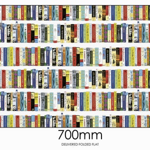 May include: A bookshelf wallpaper featuring a repeating pattern of colourful book spines. The spines feature various titles, including "The Godfather", "1984", and "Alice in Wonderland". The wallpaper is 700 mm wide and 500 mm high.