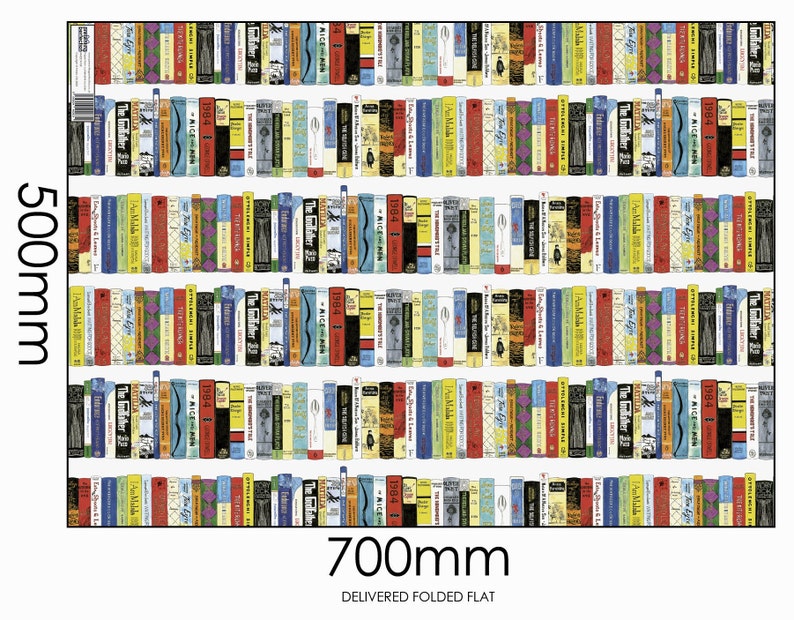 May include: A bookshelf wallpaper featuring a repeating pattern of colourful book spines. The spines feature various titles, including "The Godfather", "1984", and "Alice in Wonderland". The wallpaper is 700 mm wide and 500 mm high.