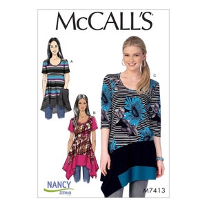 May include: A sewing pattern for a women's top with a variety of styles. The pattern includes a striped top with a pocket, a plaid top with a high-low hem, and a floral top with a diagonal hem. The pattern is by McCall's and is designed by Nancy Zieman. The pattern number is M7413.