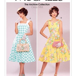 May include: Two vintage style dresses, one in a green and white gingham pattern and the other in a yellow floral print. Both dresses have a fitted bodice and a full skirt. The McCall's Archive Collection Circa 1953 label is visible at the top of the image.