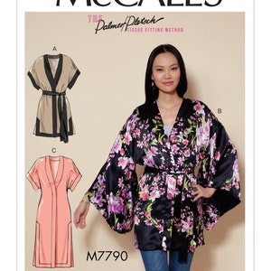 May include: A sewing pattern for a kimono-style robe with a floral print. The pattern is called "M7790" and is by Melissa Watson for Palmer/Pletsch.