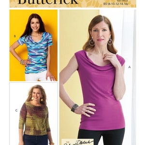 May include: A sewing pattern for a women's top with a cowl neck. The pattern includes three different views: a sleeveless top, a short-sleeved top, and a long-sleeved top. The pattern is for sizes 8-16.