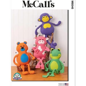 Plush Animals by Carla Reiss, Bear, Frog, Monkey, and Cow - McCall's Sewing Pattern M8546