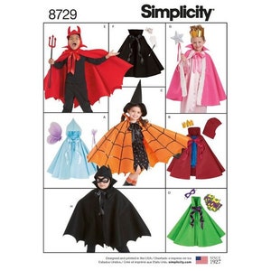 May include: Simplicity pattern 8729 featuring various children's costume capes. Designs include a red devil cape with pitchfork, a black cape, a pink royal cape with crown, a blue fairy cape, an orange spiderweb cape, a red cape, and a green cape.