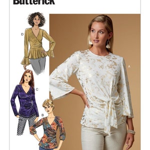 May include: A sewing pattern for a women's top with four different variations. The pattern is called B6628 Butterick. The top has a tie at the front and long sleeves.
