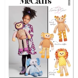 Lovable Plush Animals, Bear, Monkey, Elephant, Giraffe, Lion - McCall's Easy Sewing Pattern M8333
