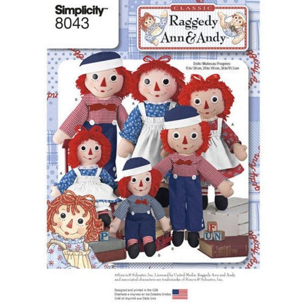 Raggedy Ann and Andy Dolls - Three Sizes (15", 26", or 36") - Simplicity Sewing Pattern 8043