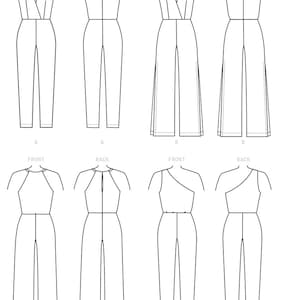 May include: Line drawing of eight different jumpsuit patterns, labeled with the words "Front" and "Back" for each view. The patterns are labeled A, B, C, and D.