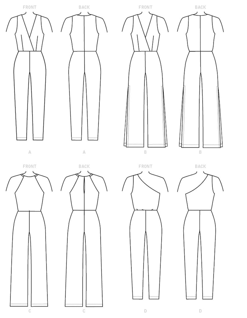 May include: Line drawing of eight different jumpsuit patterns, labeled with the words "Front" and "Back" for each view. The patterns are labeled A, B, C, and D.