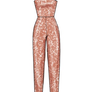 May include: A one-shoulder jumpsuit with a sparkly, rose gold fabric. The jumpsuit has a fitted bodice and wide legs.