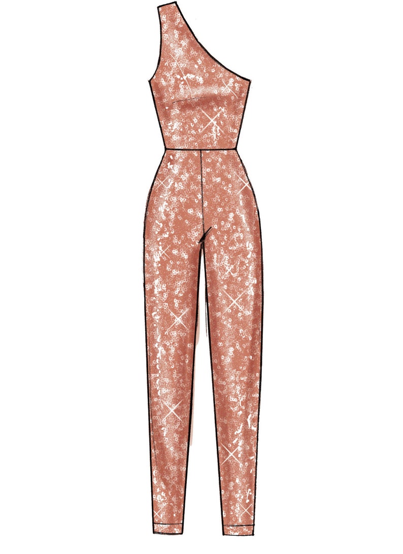 May include: A one-shoulder jumpsuit with a sparkly, rose gold fabric. The jumpsuit has a fitted bodice and wide legs.