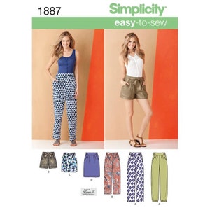 May include: Simplicity pattern 1887 easy-to-sew pattern for pants and shorts. The pattern includes five different styles: a pair of wide-leg pants with a geometric print, a pair of cropped pants with a paisley print, a pair of straight-leg pants with a solid color, a pair of wide-leg pants with a geometric print, and a pair of shorts with a solid color.