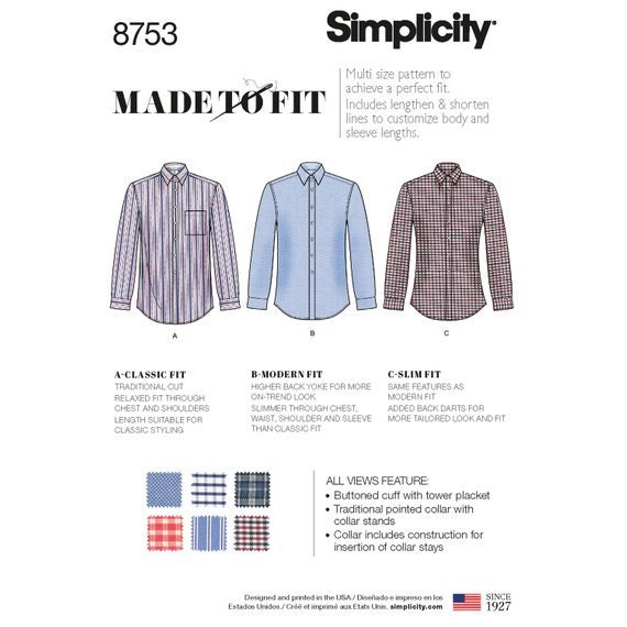 Men's Classic, Modern and Slim-fit Shirts Simplicity Sewing Pattern  8753/S8753 -  Canada