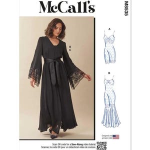 May include: McCall's M8535 sewing pattern envelope featuring a black robe with wide sleeves and lace trim, a satin waist tie, and two illustrations of slip dresses labeled A and B. Includes text: McCall's, M8535, Designed and printed in USA, Scan QR code.