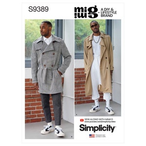 May include: Two men wearing different styles of trench coats. The coat on the left is a gray and black plaid pattern with a brown belt. The coat on the right is a tan color with a white belt. Both men are wearing white sneakers. The image includes the text "S9389", "mio", "A DIY & LIFESTYLE BRAND", "SEW ALONG WITH MIMI G", "www.youtube.com/simplicityvideo", "Simplicity", "Designed and printed in USA".