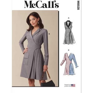 May include: McCall's M8528 sewing pattern envelope featuring a grey pinstriped wrap dress with long sleeves, a collar, and a patch pocket. The envelope displays three variations of the dress design, labeled A, B, and C, with text stating Designed and printed in USA.
