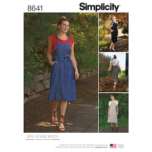 May include: A sewing pattern for a sleeveless, knee-length, pinafore dress with pockets and a tie belt. The pattern is called "Sew House Seven" and is for sizes XS-XL. The pattern is designed and printed in the USA.