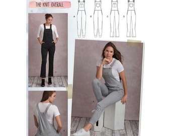 May include: A sewing pattern for knit overalls. The pattern includes instructions for making four different styles of overalls. The pattern is from Simplicity and is for size S8855.