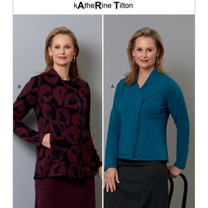 May include: Two women model a jacket pattern with a zippered front and a collar. The jacket on the left is a burgundy color with a black floral pattern. The jacket on the right is a teal blue color. The pattern is labeled "Butterick kAtherine Tilton B6596".
