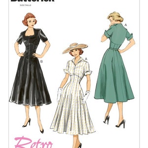 May include: A vintage sewing pattern for a dress, featuring three different styles. The pattern is from Butterick, and the pattern number is B6018. The dress is shown in black, white and green.