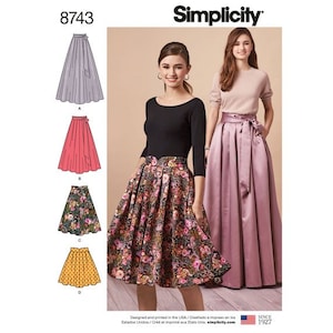 May include: A sewing pattern for a skirt with four different styles. The pattern is from Simplicity and the pattern number is 8743. The skirt styles include a gray skirt, a red skirt, a floral skirt, and a yellow polka dot skirt.