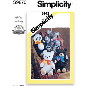 May include: A Simplicity sewing pattern envelope S9870, 6142, featuring illustrations of four stuffed animals: a panda, a koala, a white bear, and a black bear. Each bear wears a colorful ribbon with a heart-shaped accent. The pattern is labeled 1980s Vintage.