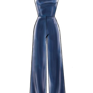 May include: A dark blue sleeveless jumpsuit with a halter neckline.