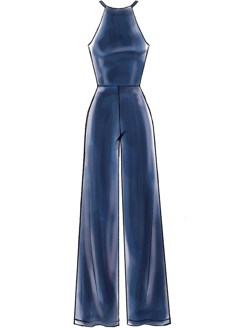 May include: A dark blue sleeveless jumpsuit with a halter neckline.